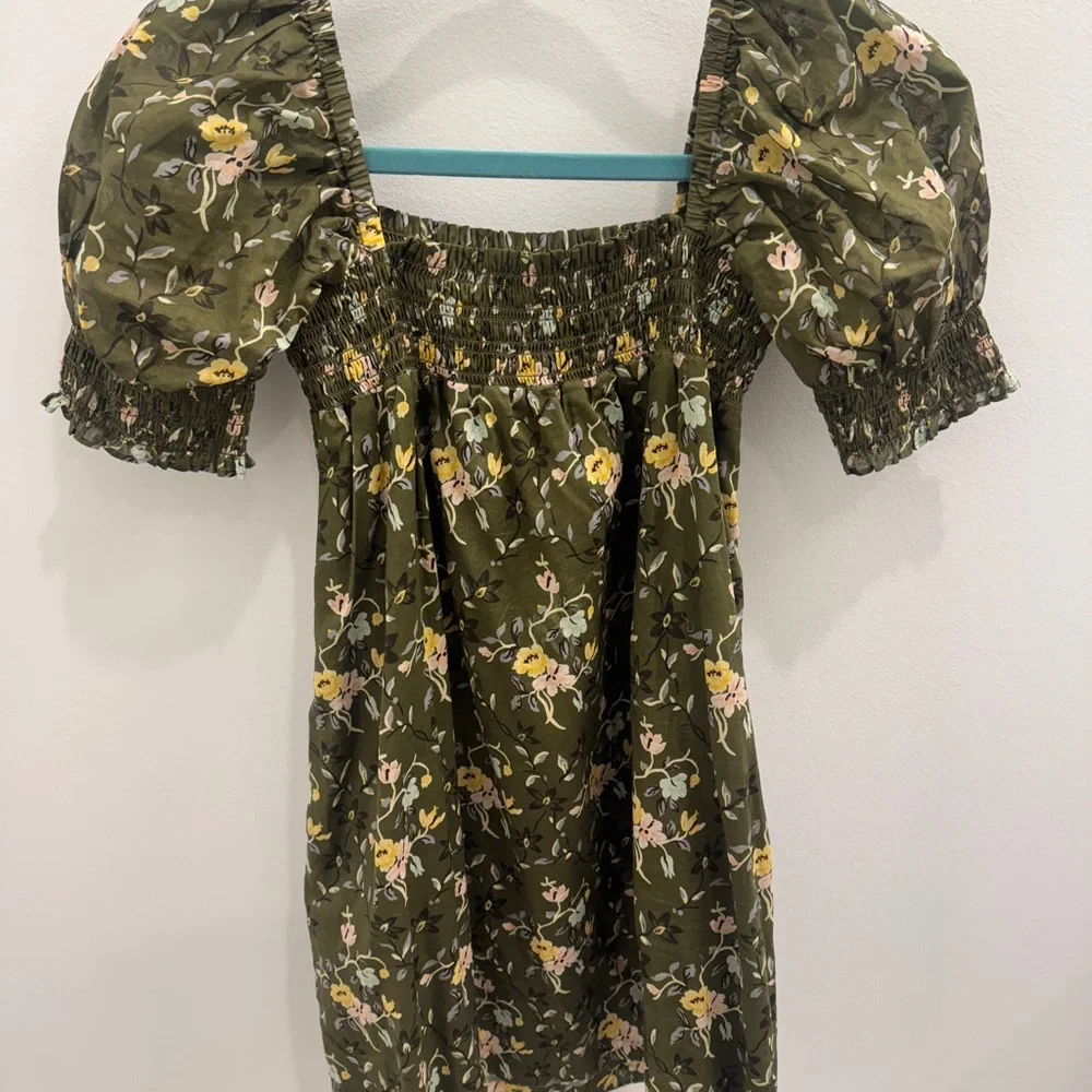 Tory Burch Olive Green Floral Smocked Mini Dress